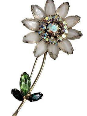 Juliana Daisey Flower Brooch Vintage D & E White Green AB Rhinestones Gold Tone